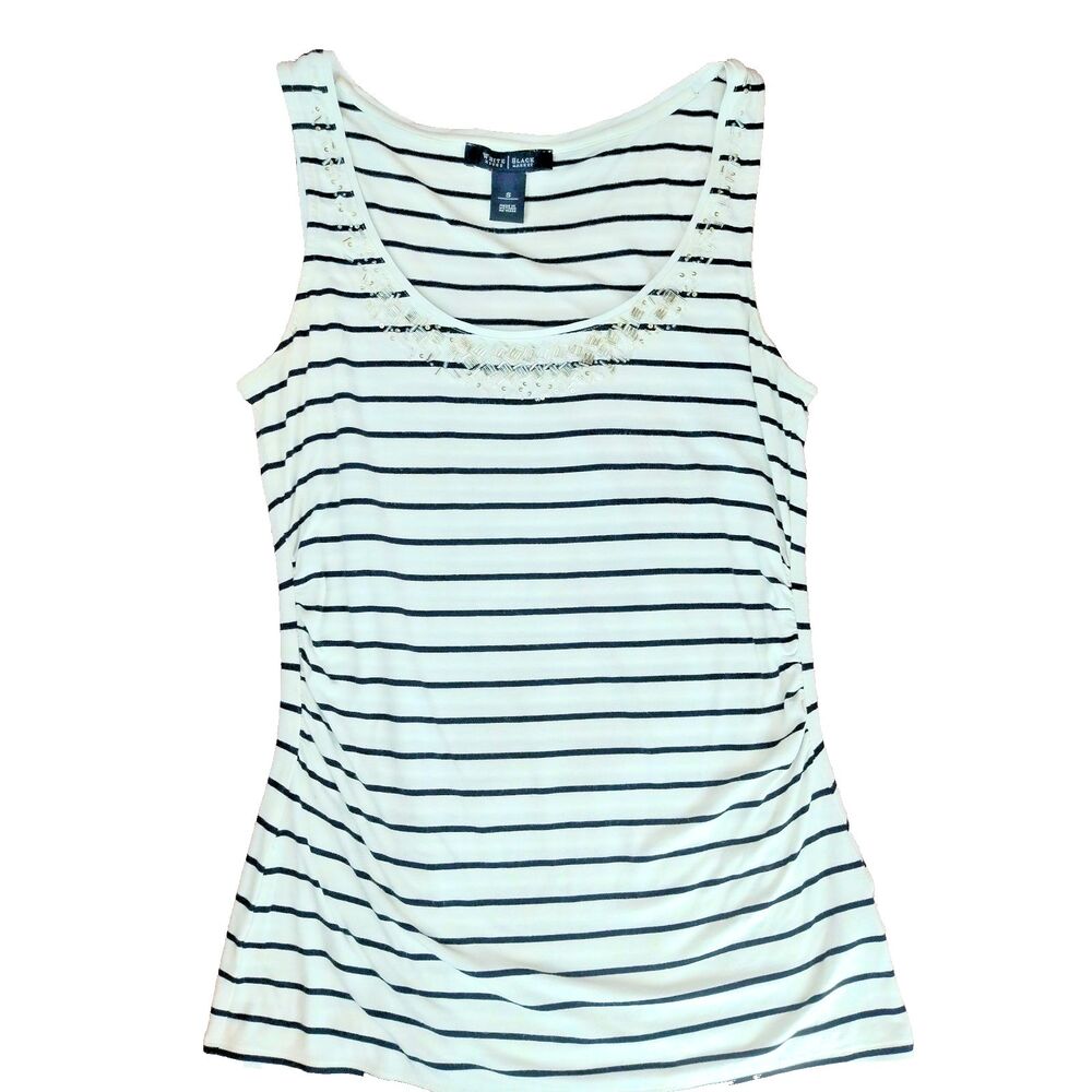 White House Black Market Black & White Striped W/Embellishments Tank Top Size S
